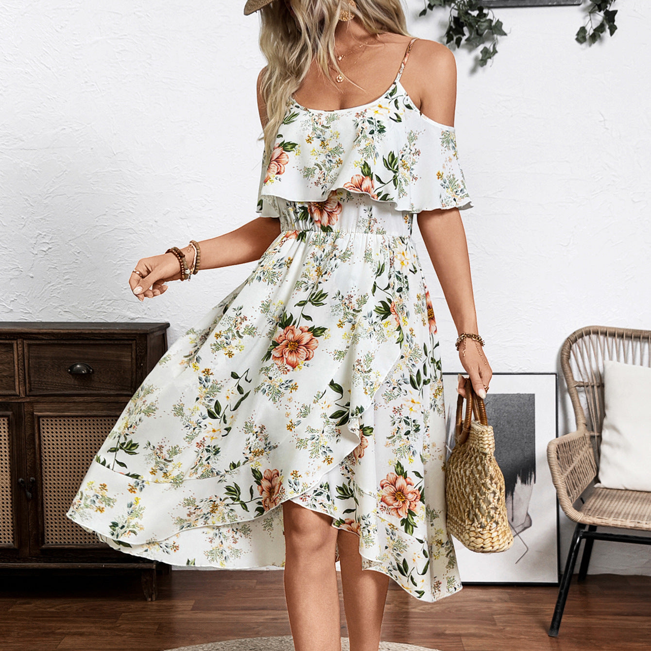Damenkleid Blumenmuster lockerer Schnitt Schwingrock