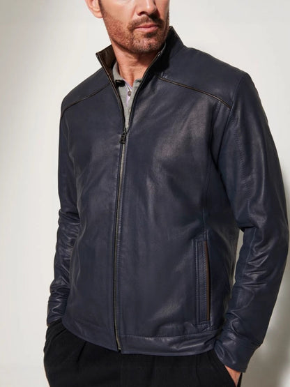 Lederjacke Herren Elegant Stehkragen Reißverschluss Taschen Schwarz