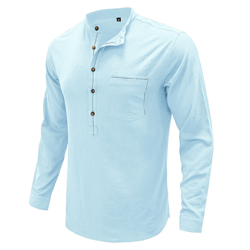 Herren Hemd Langarm mit Henley Kragen und Brusttasche Modern