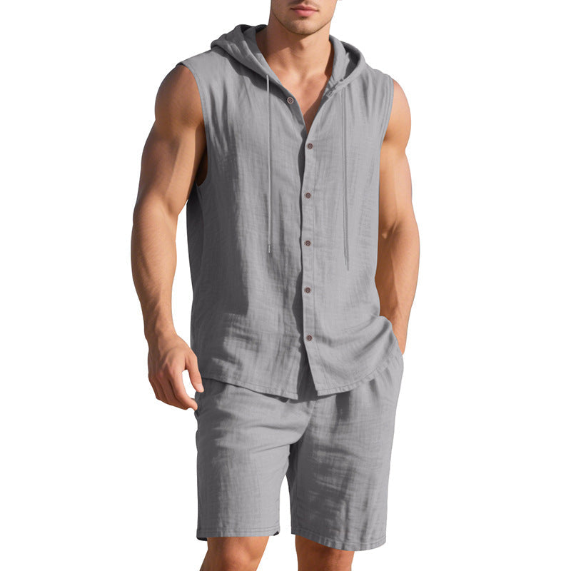 Herren Sportshemd Kurzarm mit Kapuze und Shorts Casual