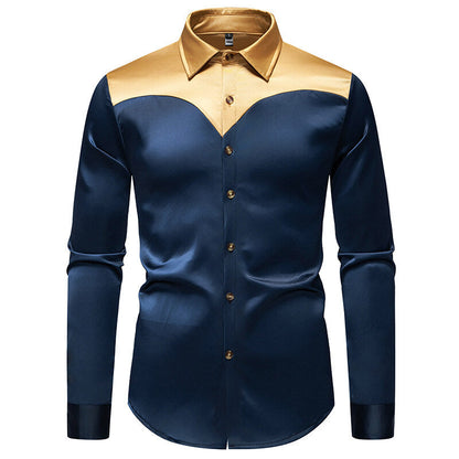Elegantes Herren Hemd Langarm Glänzend Kontrastkragen Modern