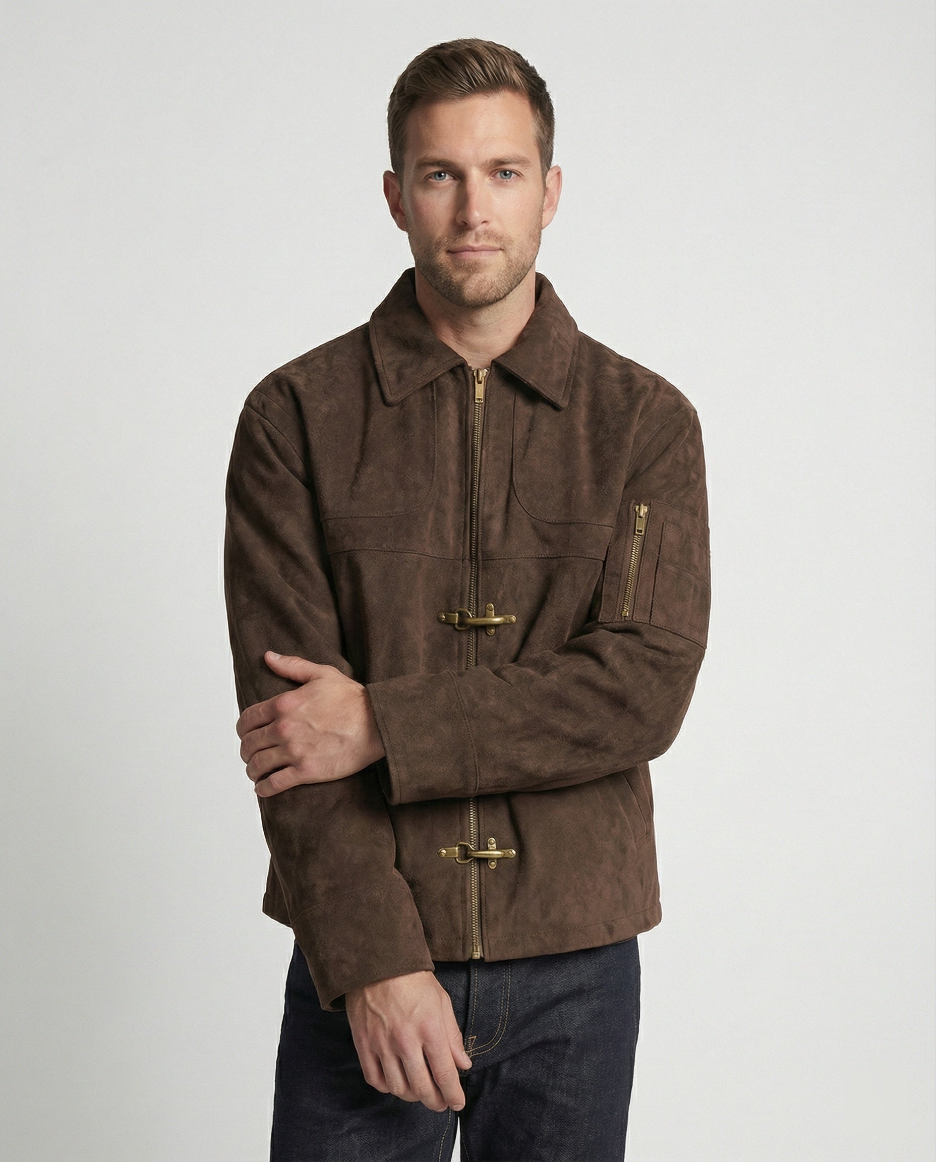 Herren Lederjacke Velour Kragen Hakenverschluss Ärmeltasche - BerlinGlamour