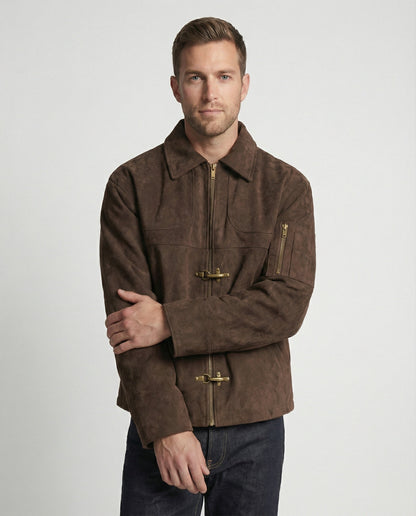 Herren Lederjacke Velour Kragen Hakenverschluss Ärmeltasche - BerlinGlamour