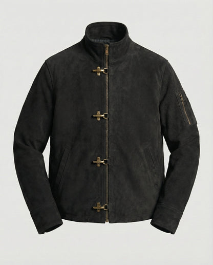 Herren Lederjacke Velour Kragen Hakenverschluss Ärmeltasche