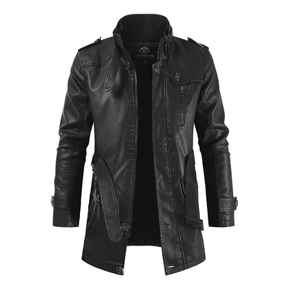 Lederjacke Herren Kunstleder Schnüren Kragen Schwarz