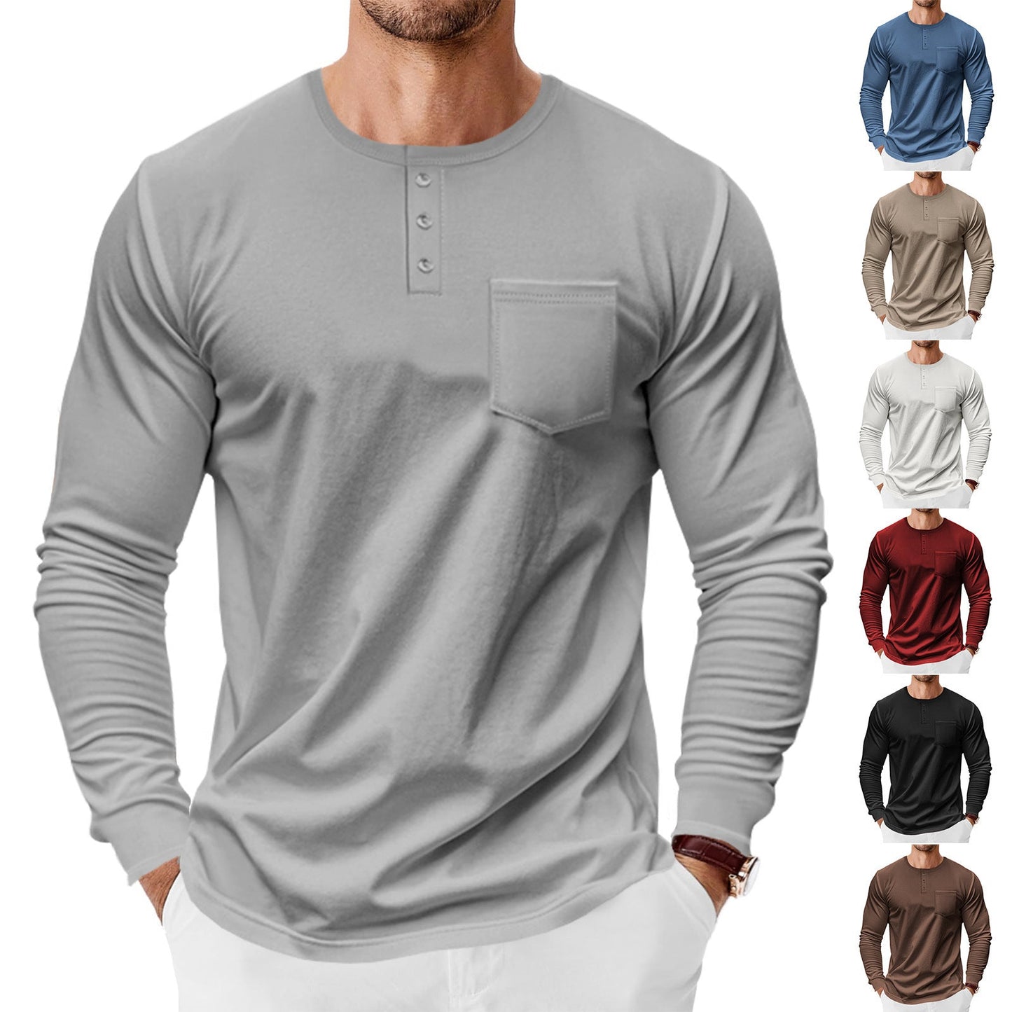 Herren Langarmshirt Modern mit Henley Ausschnitt und Brusttasche - BerlinGlamour