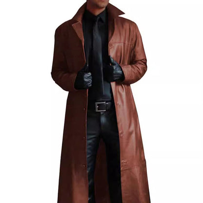 Herren Kunstledermantel Elegant Doppelter Knopfverschluss Schwarzer Ledermantel
