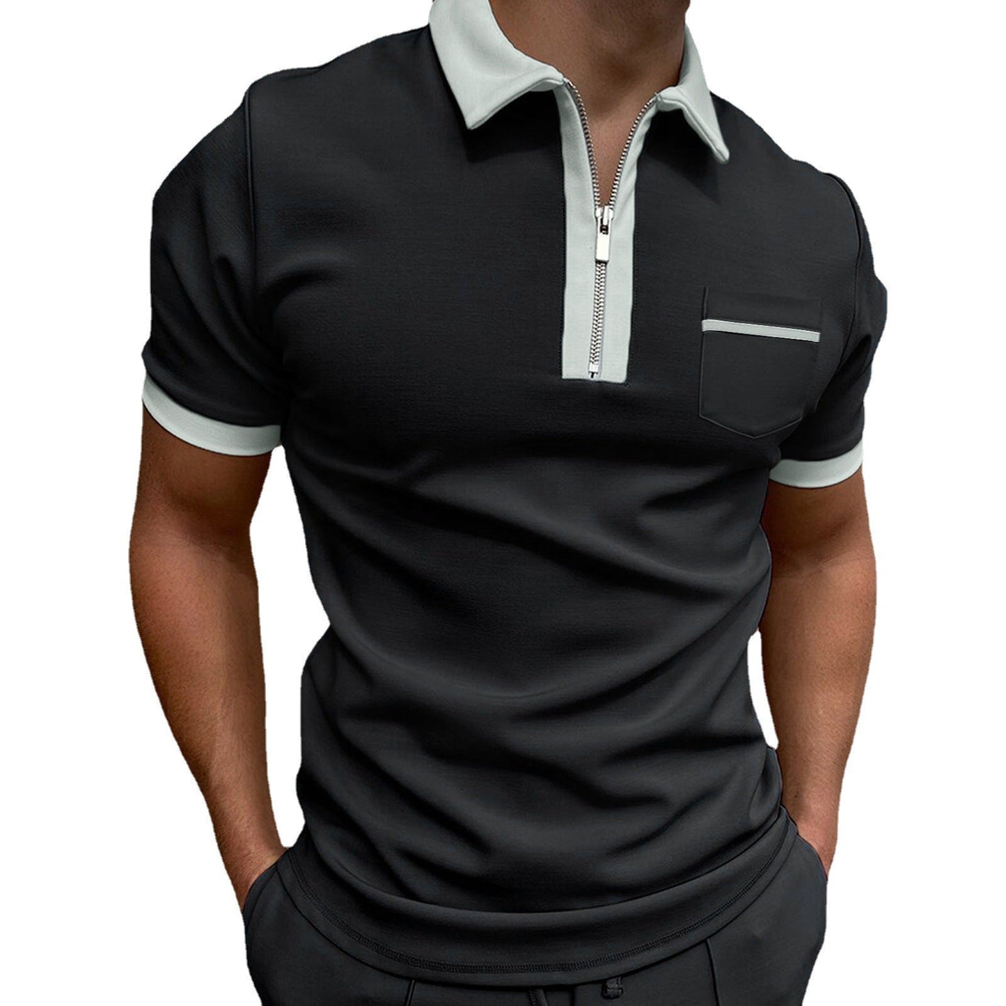 Herren Polohemd Reißverschluss Brusttasche Modern Sportlich