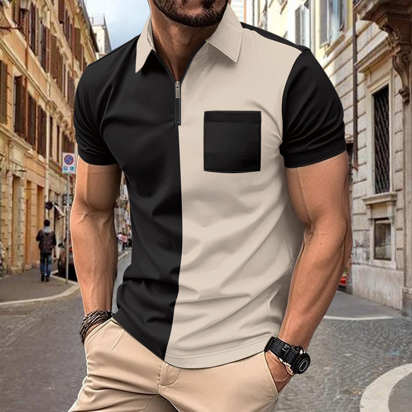 Herren Polohemd Modern Zip Kragen mit Brusttasche
