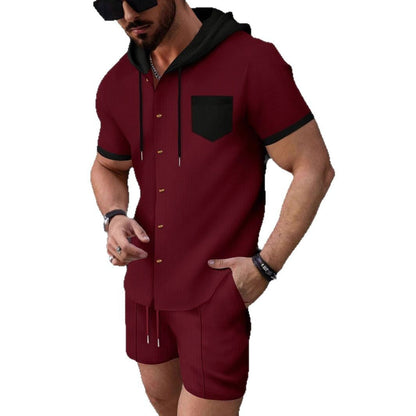 Herren Sportset Kurzarm Kapuze mit Druckknöpfen Casual