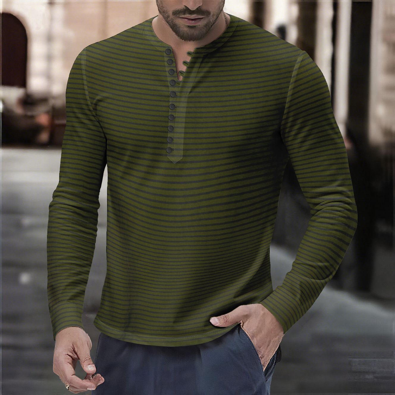 Herren Langarmshirt Modern Kragen Knopfleiste Slim Fit