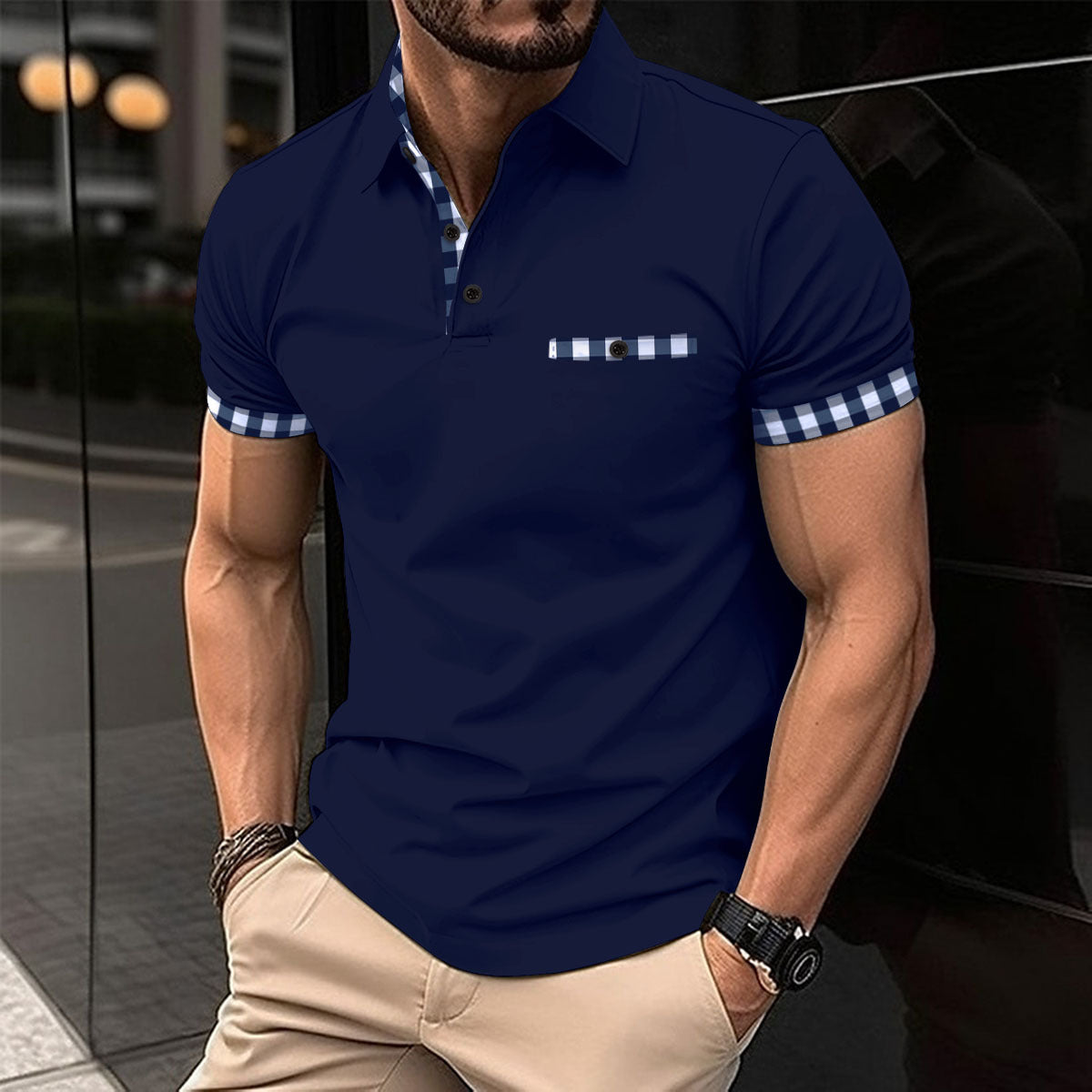 Herren Polohemd Modern mit Kontrastkragen und Seitentaschen