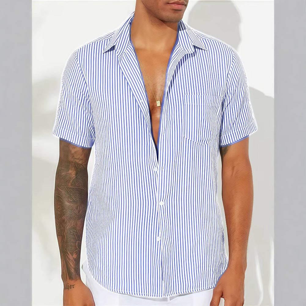 Herren Hemd Kurzarm Streifen Button Down Sommer