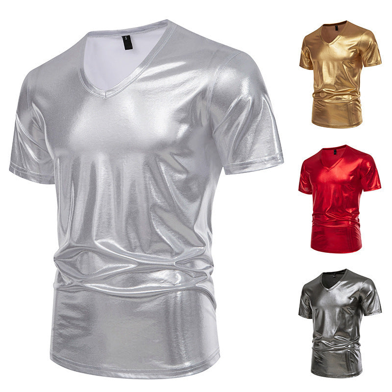 Herren T-Shirt V-Ausschnitt Stretch Glänzend Modern - BerlinGlamour