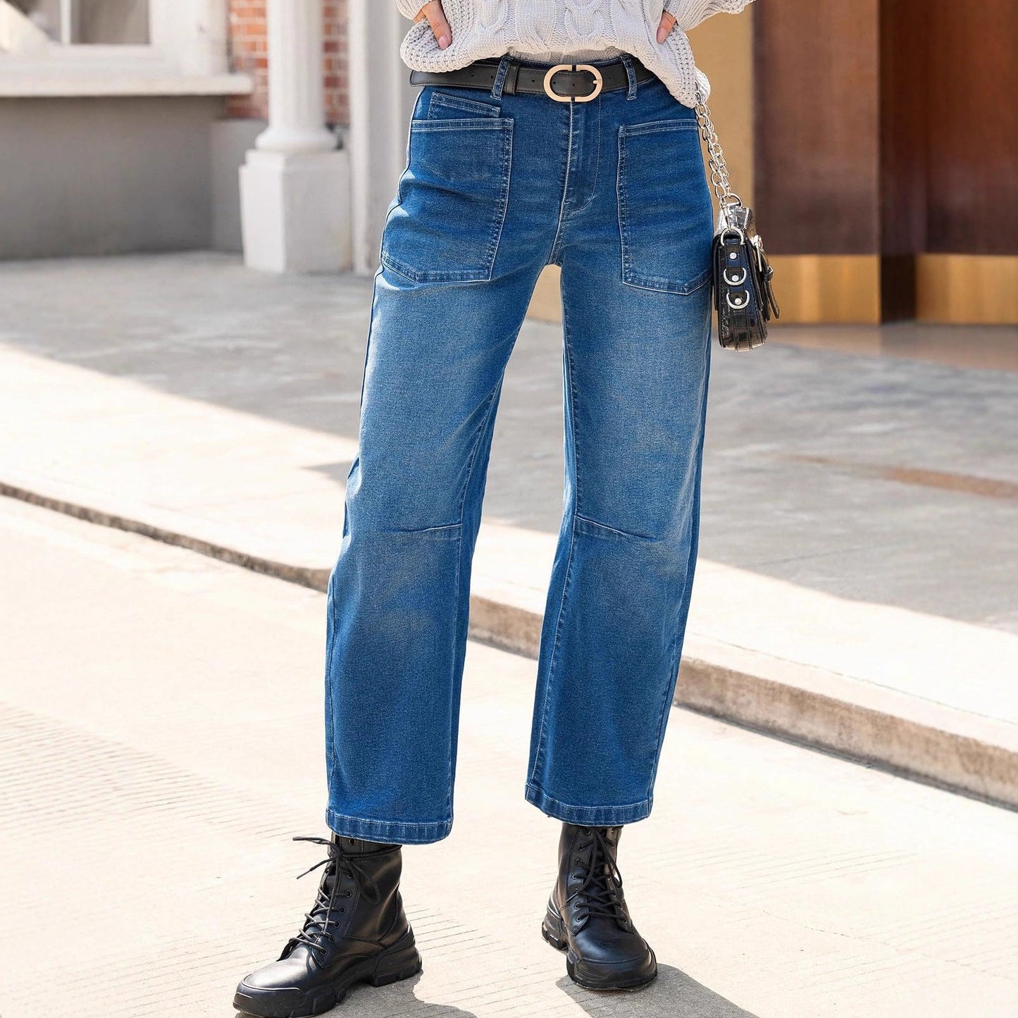 Damen Hohe Bund Jeans Hose mit Taschen - BerlinGlamour