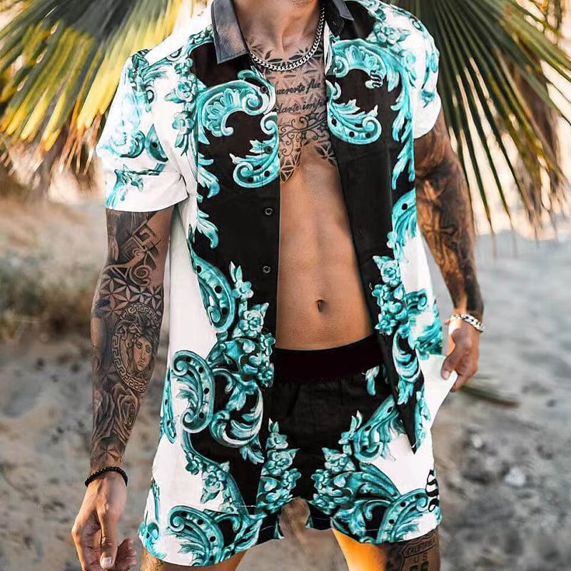 Herren Hemd Kurzarm Barock Muster Elegante Bluse