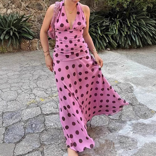 Elegantes Maxikleid Damen V-Ausschnitt Punkte Schwarz - BerlinGlamour