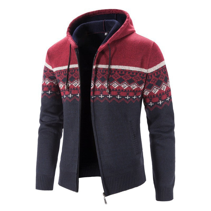 Herren Strickjacke Kapuze Elegant Grau Schwarze Muster