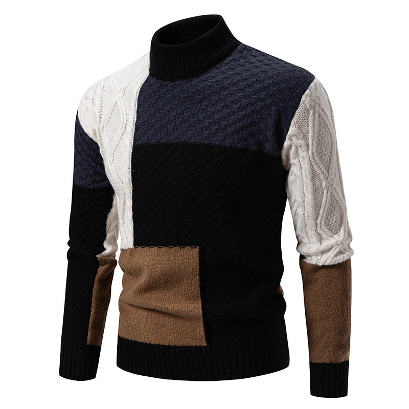 Herren Rollkragenpullover mit Zopfmuster und Farbblock Design Modern