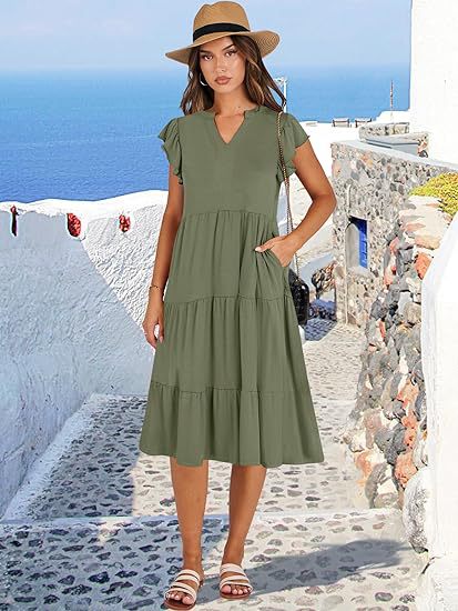 Damen Maxikleid mit Rüschendetails und Taschen Sommerkleid
