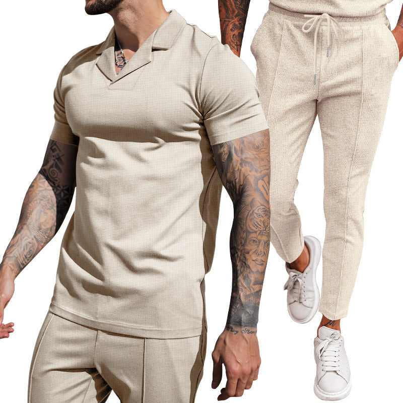 Herren Freizeit Set Kurzarm Polohemd schmale Hose Elegant - BerlinGlamour