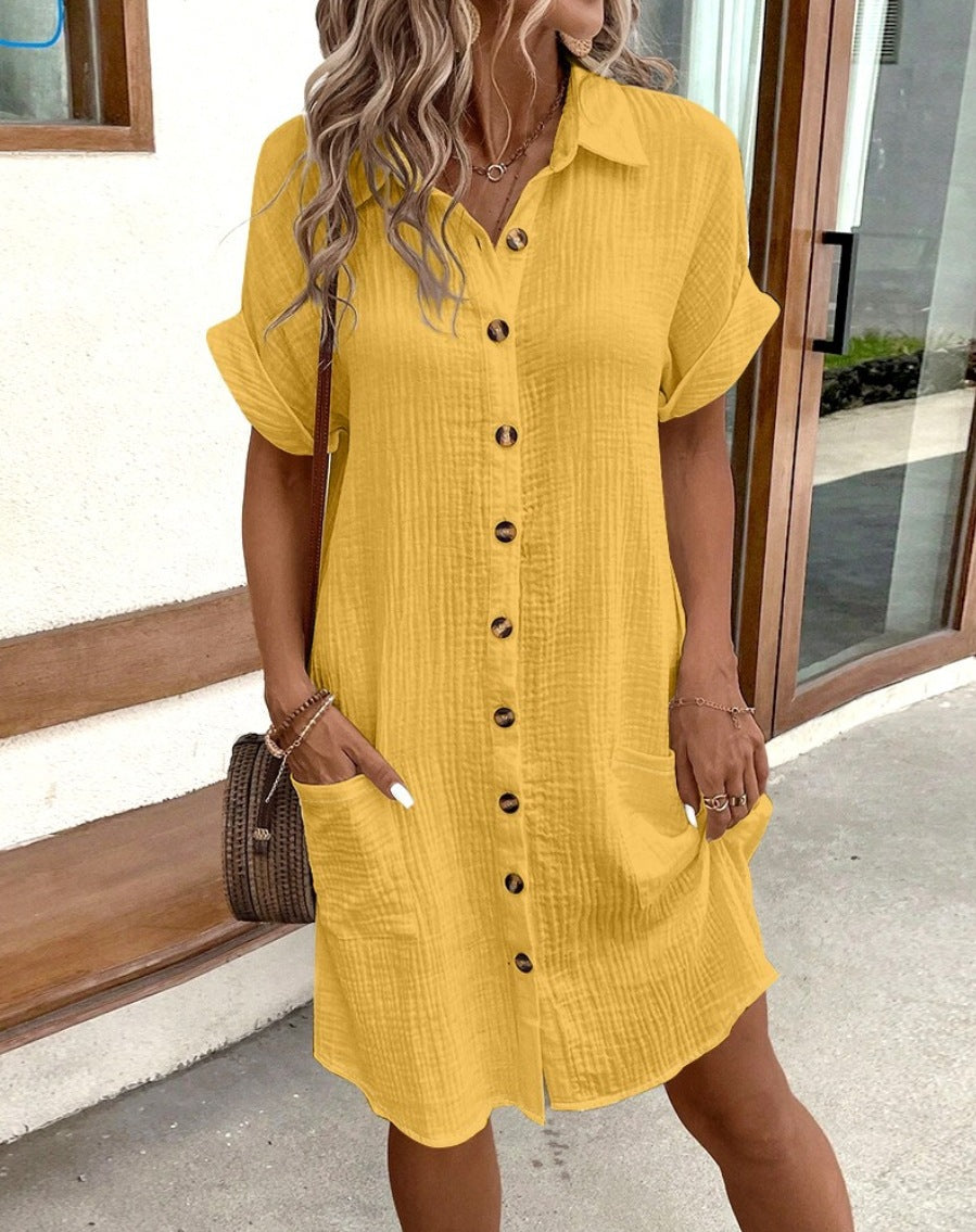 Kleid Damen Hemd mit Knöpfen und Taschen Elegant