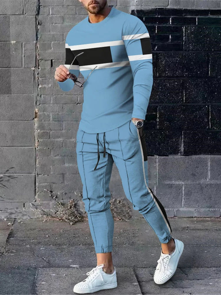 Herren Sportset Langarmshirt Jogginghose Streifenmuster Modern