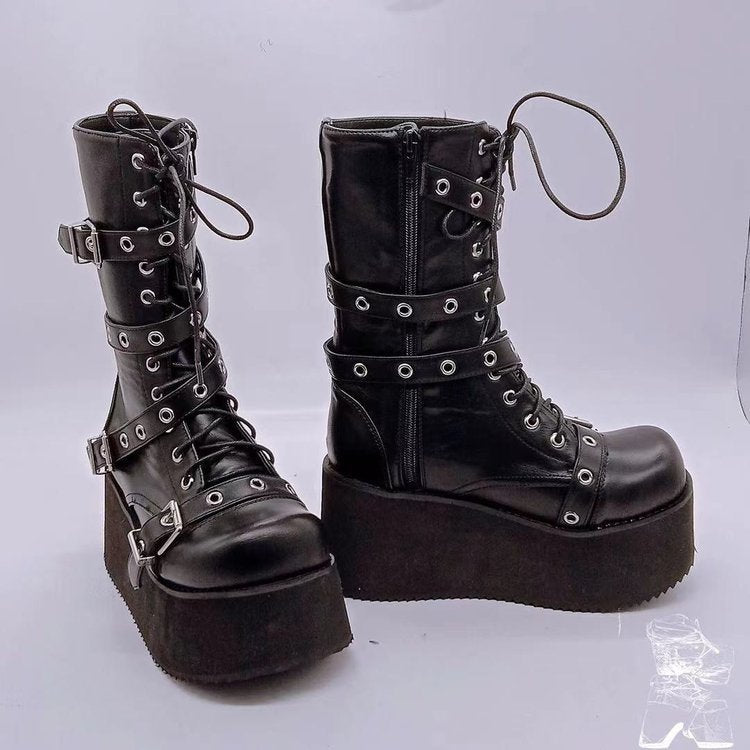 Damen Plateau-Stiefel Robust Leder Schnalle Hochhackig