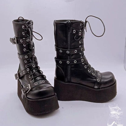 Damen Plateau-Stiefel Robust Leder Schnalle Hochhackig