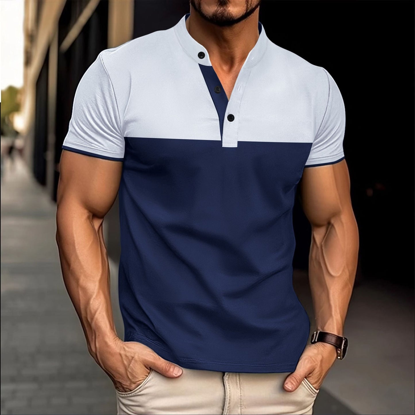 Herren Poloshirt Kurzarm Modern Stehkragen Schwarz