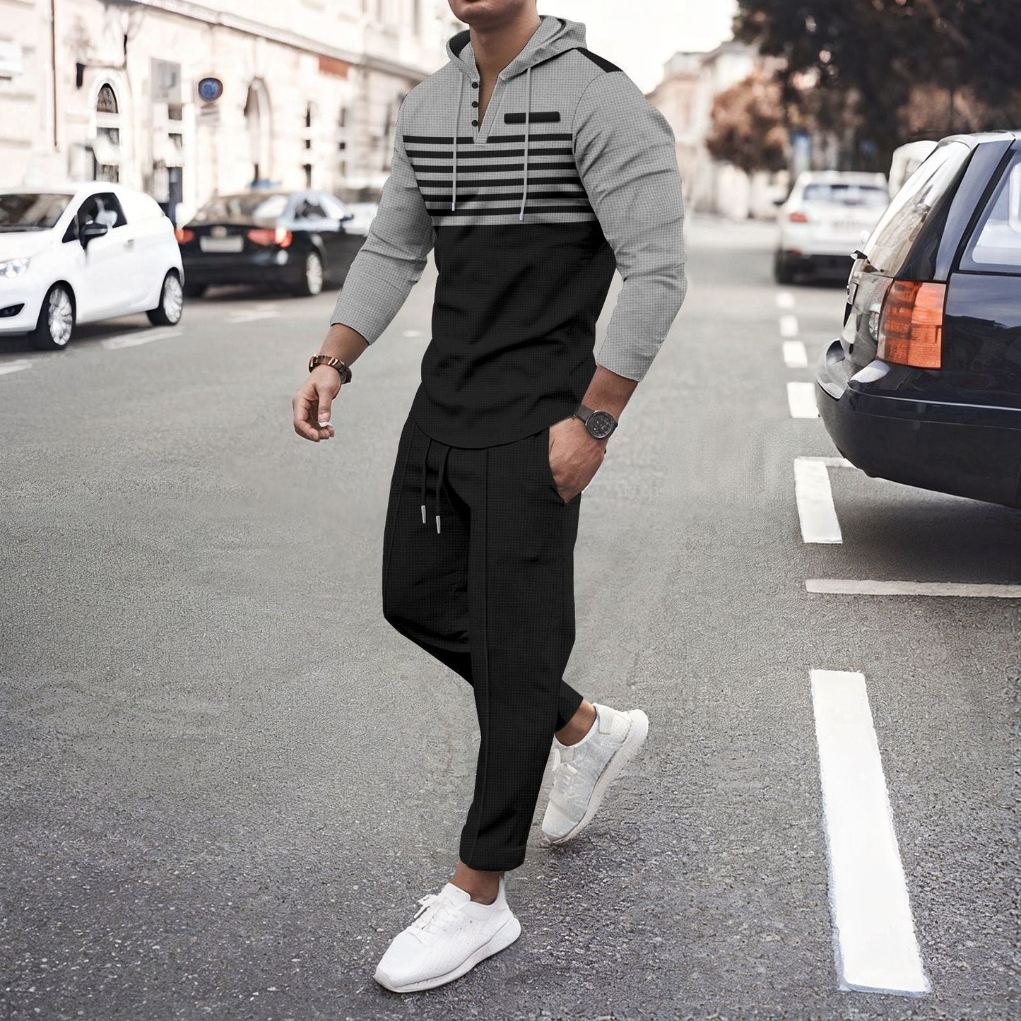 Herren Hoodie Set Kapuze Kordelzug Modern