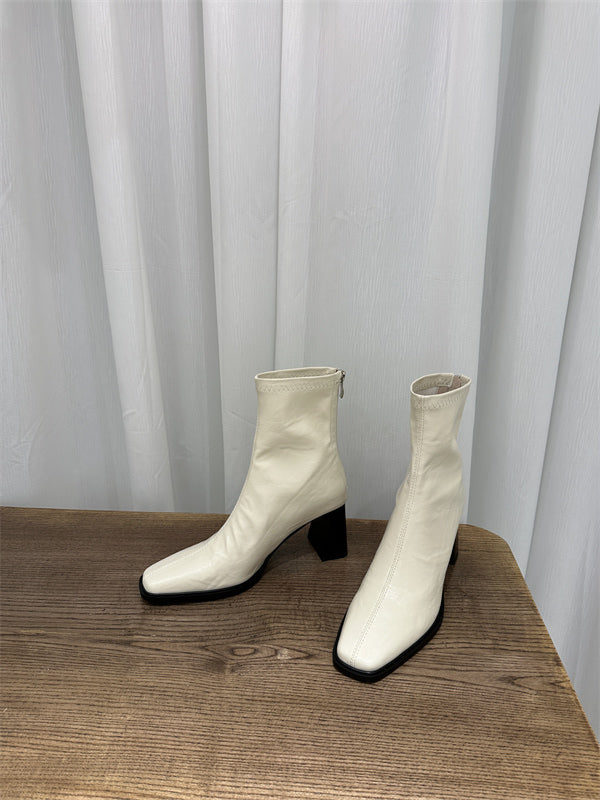 Damen Stiefel Hoher Blockabsatz Lederschuhe Trendy