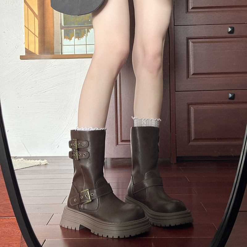 Damen Stiefel Robust Schnürbar mit Metall Schnallen und Stabiler Sohle