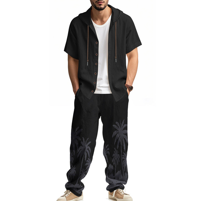 Herren Casual Set Kurzarm Hoodie Cargohose Palmenmuster