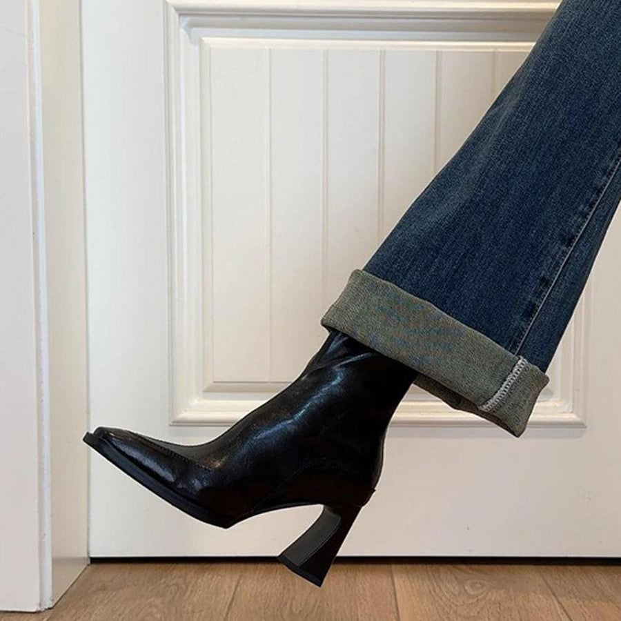 Damen Stiefeletten Elegante Schnitt Blockabsatz Schwarz