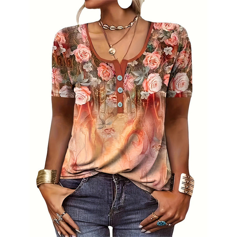 Bluse Damen Floralmuster Knopf Oberteil Modern
