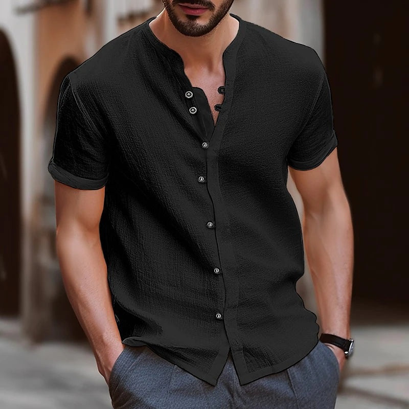 Herren Kurzarm-Hemd Slim Fit Henley Ausschnitt Modern