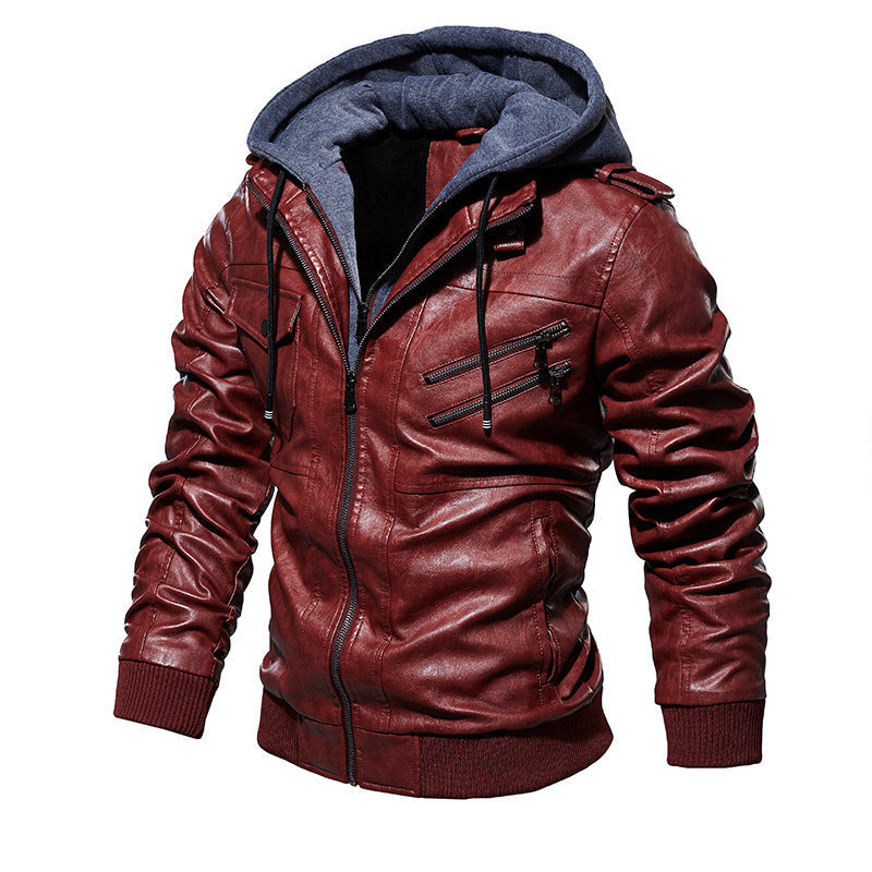 Herren Lederjacke Lässig Mit Kapuze Viel Taschen