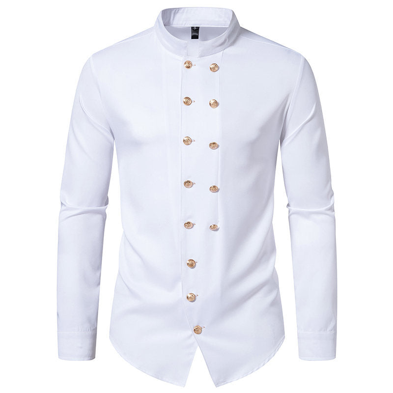 Herren Hemd Modern Stehkragen Goldknöpfe Elegantes Design