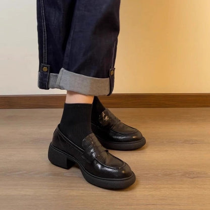 Damen Loafers Robust Lederschuhe mit Blockabsatz