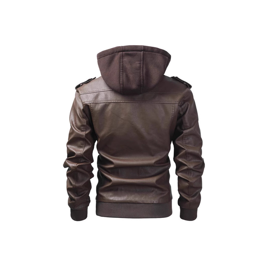 Herren Lederjacke Mit Kapuze Und Taschen