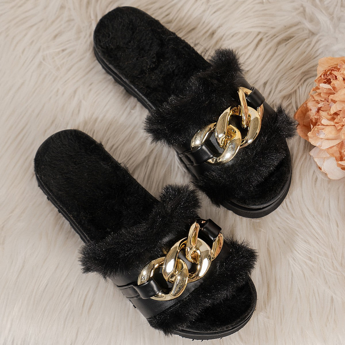 Damen Slides Sandalen Pelzbesatz Glitzerketten Modern