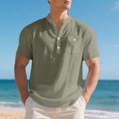 Herren Hemd Kurzarm Henley Kragen mit Brusttasche Modern