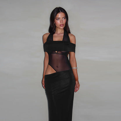 Damen Cocktailkleid Schulterfrei mit Netz-Einsatz Elegant