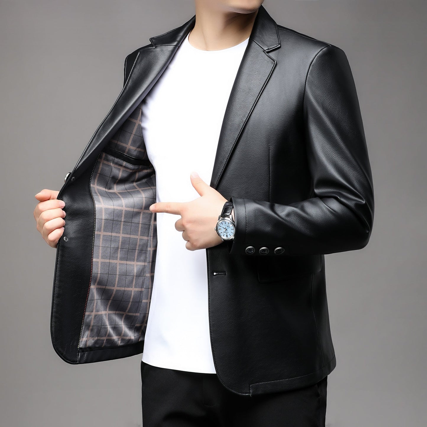 Herren Blazer Kunstleder Elegant Klassisch Schwarz