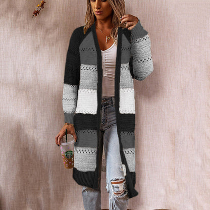 Damen Strickjacke Lang Modisch Streifenmuster Offen