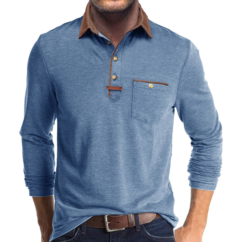 Herren Langarmshirt Modern mit Kontrastkragen und Brusttasche