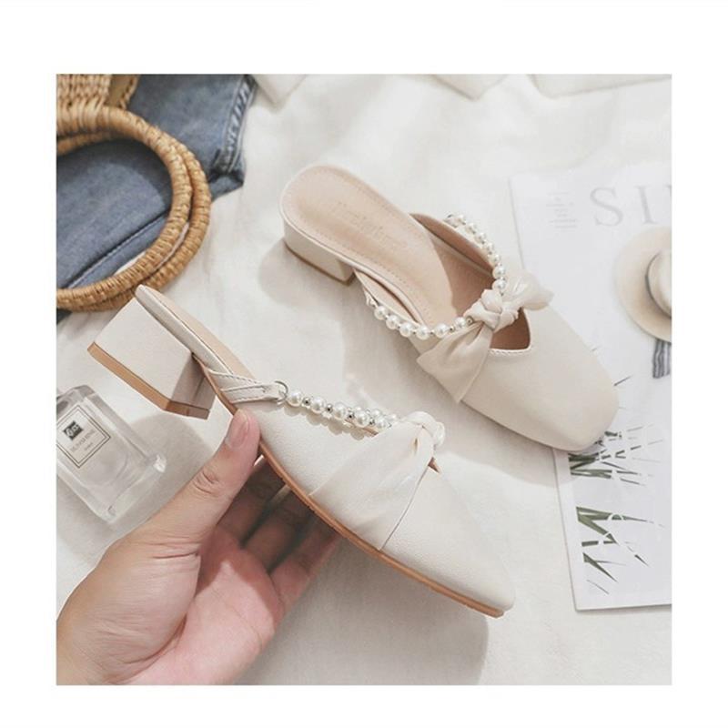Damen Mules Elegante Perlen Schuhe mit Schleife Damen Schuhe
