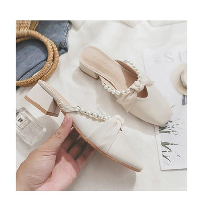 Damen Mules Elegante Perlen Schuhe mit Schleife Damen Schuhe