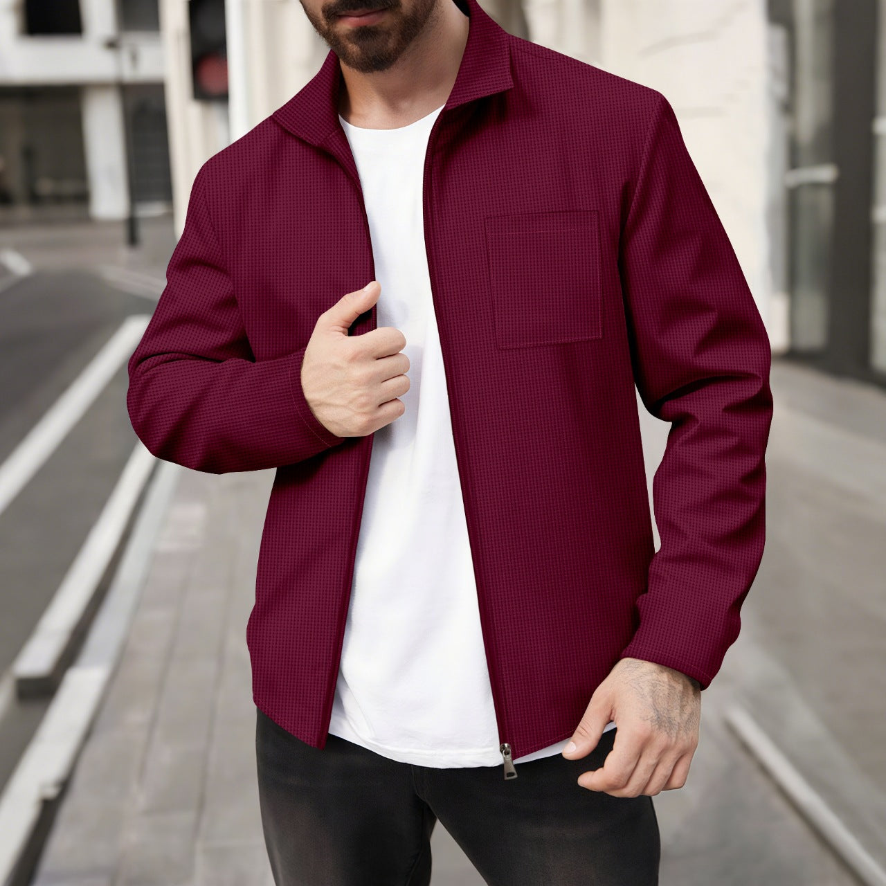 Herren Lederjacke Modern mit Brusttasche Schwarz